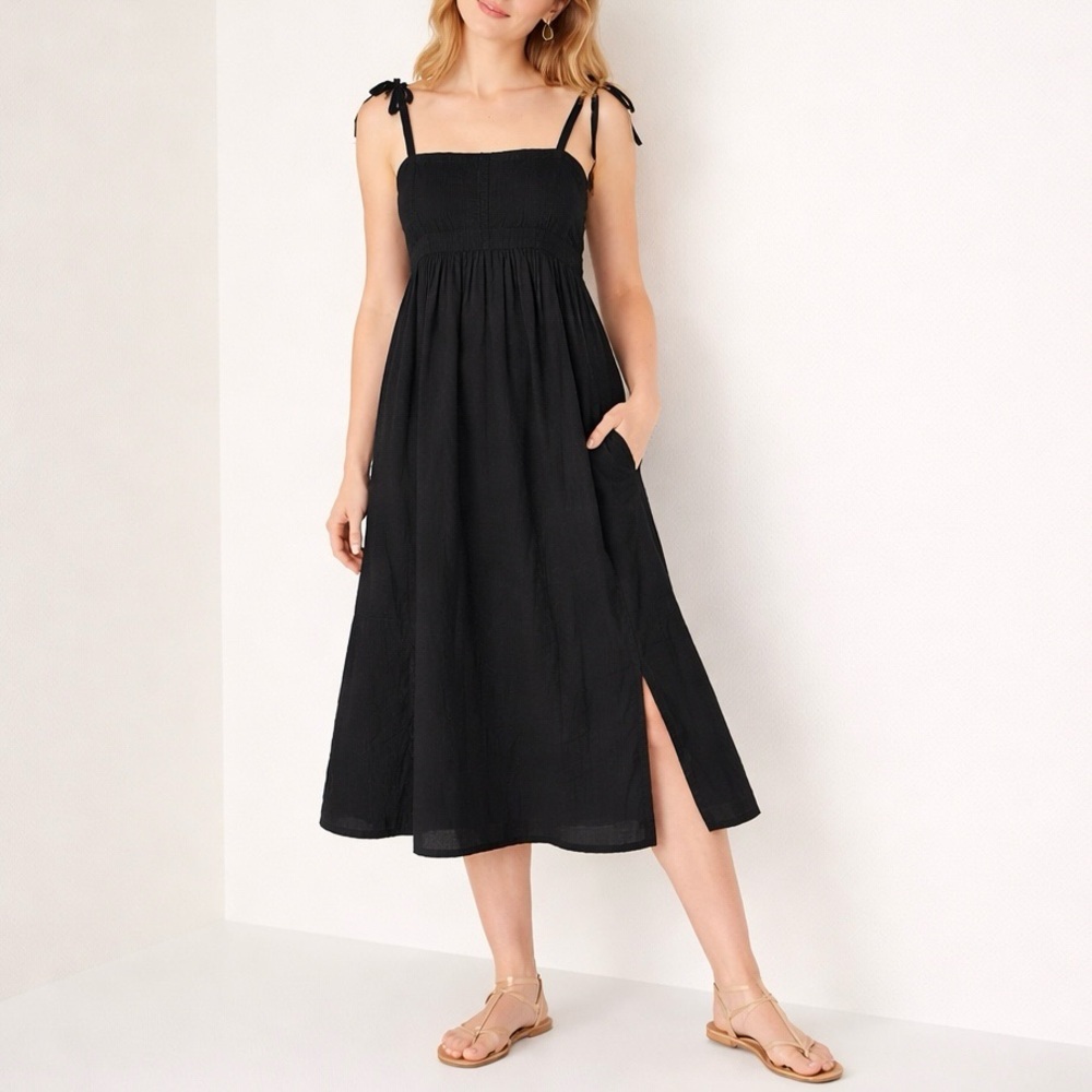 Old Navy Black Dobby Tie Shoulder Midi Dress Pockets Cotton S Coastal Boho - Picture 1 of 13